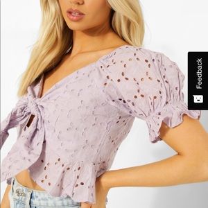 Lavender eyelet tie front crop